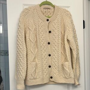 Hand Knitted on the Aran Island of Ireland , Elegant Cream Cable Knit Cardigan